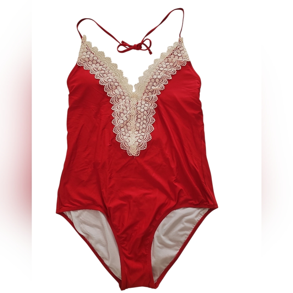 Red Lace-Trimmed Swimsuit